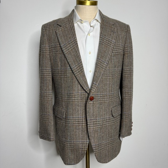 Tweed Blazer Brown Plaid Wool Blend Sport Coat Herringbone Jacket Mens USA‎ 44R - Picture 1 of 11